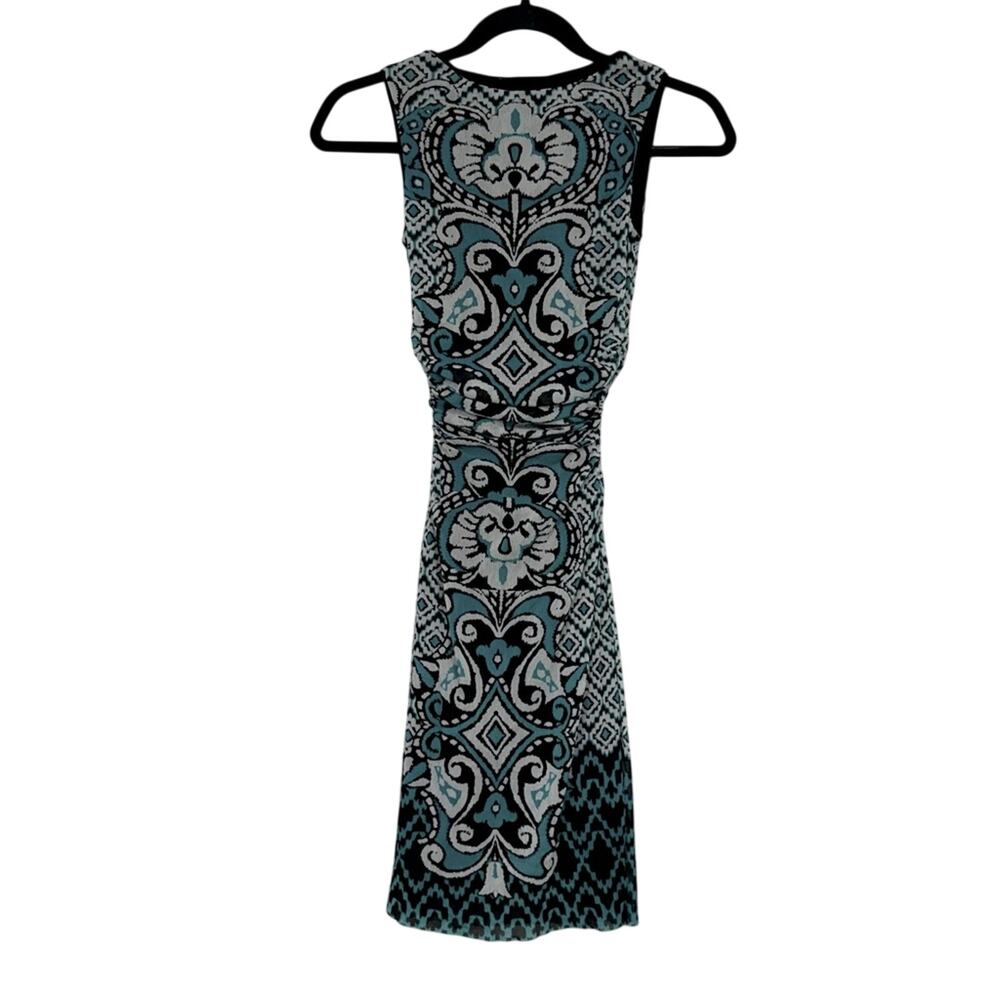 Kay Unger Printed Ruched Mini Bodycon Dress XS Teal Black & White Y2K Baddie